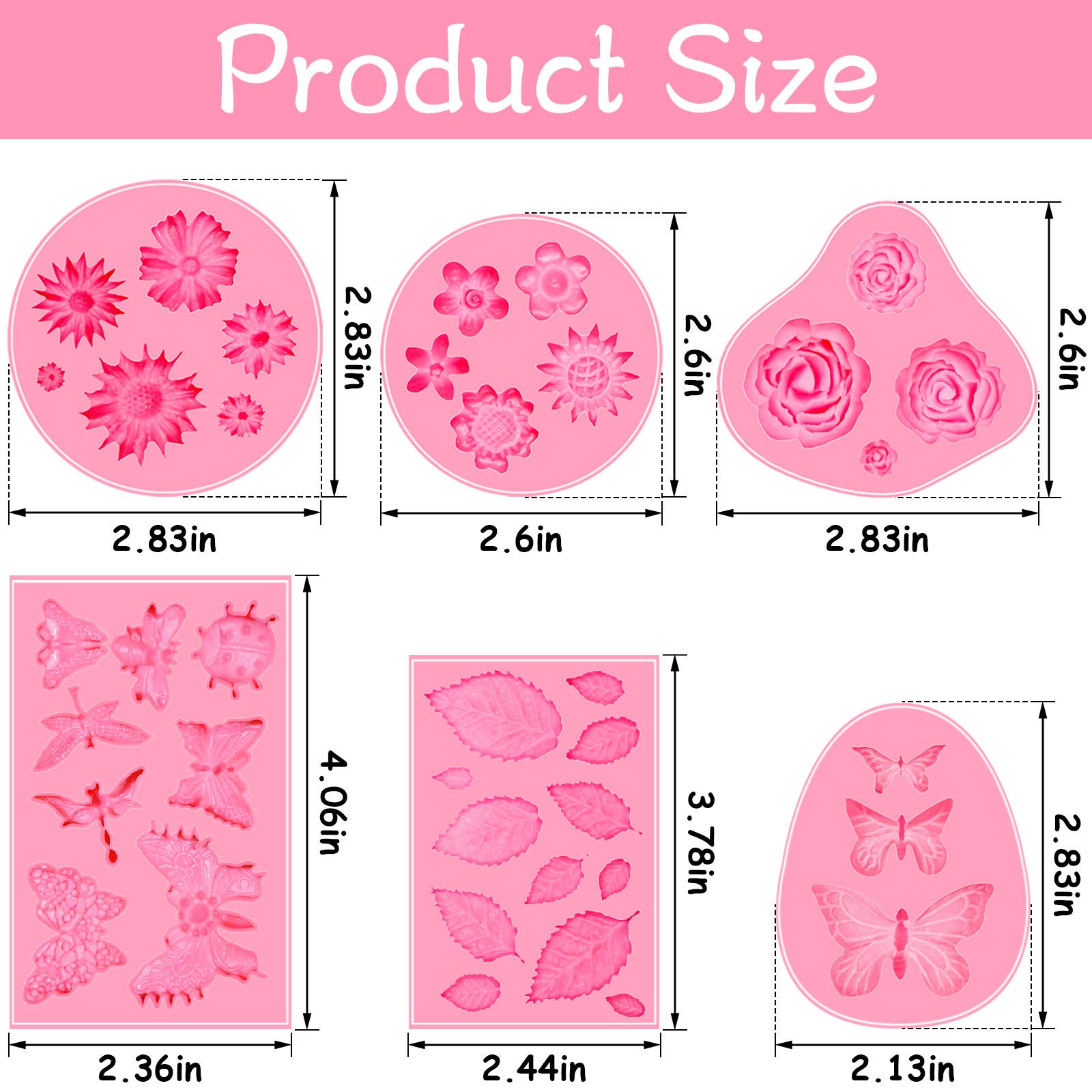 6 Pack Fondant Molds, Mini Flower Mold Butterfly Molds Leaf Mold, Rose Clay Molds Pink Polymer Clay Molds, Non-stick Silicone Molds for Cake Decorating - Butterfly/Rose/Leaves