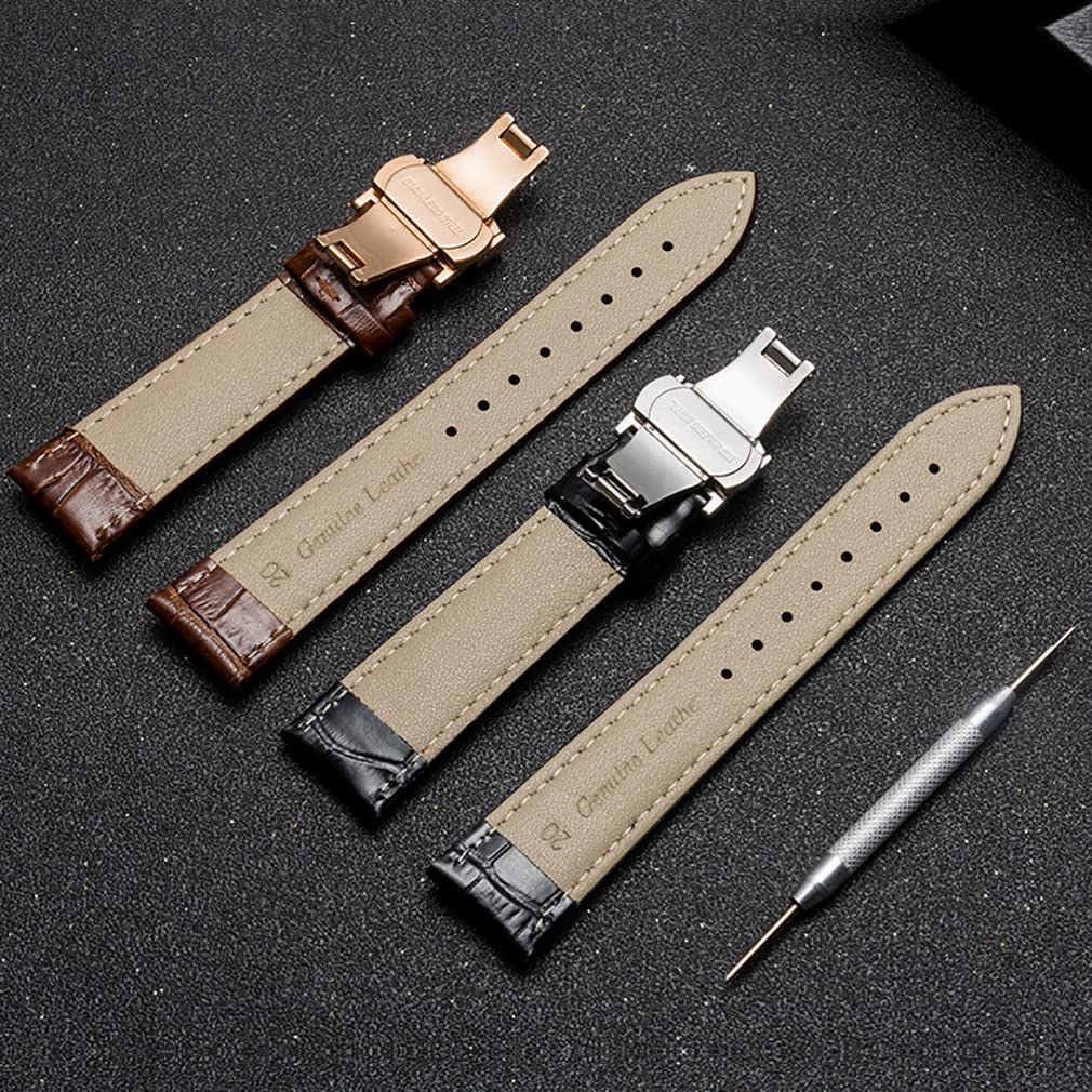 Nice Pies Genuine Calfskin Leather Watch Band,Alligator Grain Deployment Butterfly Buckle Replacement Strap for Men Women 18mm 20mm 22mm 24mm