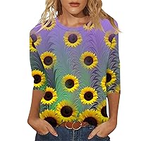 3/4 Sleeve T Shirts for Women O-Neck Sunflower Printed Tops Casual Trendy T-Shirt Loose Fit Cute Tees Comfy Blouses