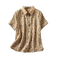 Women Cotton Linen Lace Embroidery Shirts Short Sleeve Button Down Casual Loose Blouse Lapel Neck Shirt Baggy Tops