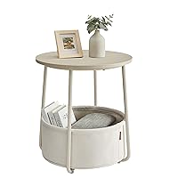 VASAGLE Small Round Side End Table, Modern Nightstand with Fabric Basket, Bedside Table for Living Room Bedroom, Cream White ULET223K67