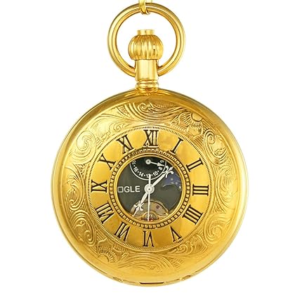 OGLE Vintage Copper Double Cover Tourbillon Phases Moon Chain Fob Self Winding Automatic Mechanical Pocket Watch/Gold Dial
