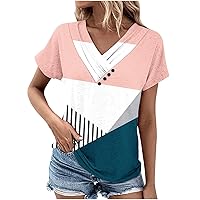 Women Summer Short Sleeve Geometric Color Block Tunic Top Ruched V Neck Button Casual Blouse to wear with Leggings