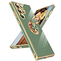 LeYi for Samsung Galaxy S22 Ultra Phone Case: 360° Rotatable Ring Holder Magnetic Kickstand, Plating Rose Gold Edge Protective Samsung Galaxy S22 Ultra Case, L-Green