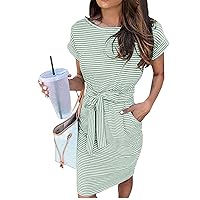 NBXNZWF T Shirt Dresses for Women 2024 Summer Trendy Tie Waist Striped Casual Short Sleeve Crewneck Midi Dress with Pockets