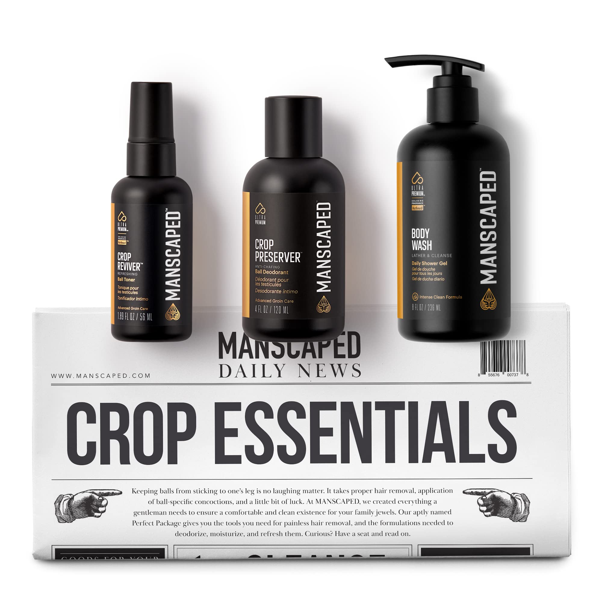 MANSCAPED® Crop Essentials, Male Care Hygiene Bundle, Includes Refined™ Body Wash, Crop Preserver™ Moisturizing Ball Deodorant, Crop Reviver™ Body Toner and Magic Mat™ Disposable Shaving Mats