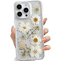 for iPhone 14 Pro Max Clear Case with Pressed Real Flowers Design,Glitter Cute White Floral Pattern Slim Soft TPU Protective Women Girl's Phone Cover for iPhone 14 Pro Max
