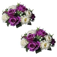 Sziqiqi Faux Silk Rose Flowers Artificial Flowers for Wedding Party Centerpiece Decorations Home Decorative Flowers, Pack of 2 Purple & White