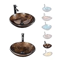 ELECWISH Bathroom Vessel Sink with Faucet Mounting Ring and Pop Up Drain 16.5 Inch Tempered Glass Basin (Brown)
