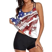 Independence Day for Women's American 4th of July Print Strappy Back Tankini Set Two Juniors Bathing Suits with