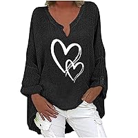 Womens Tops Floral Heart Lover Print Loose Fit Long Blouses for Women V Neck Linen Summer Fall Shirts 2024