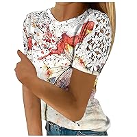 Women's Summer Lace Hollow Short Sleeve Tops Color Block O Neck Lightweight Shirt Loose Casual Tunics Blouse
