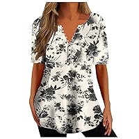 Button Up Henley Shirts for Women Casual Floral Print Tunic Summer Tops Trendy Short Sleeve V Neck Workout Blouses