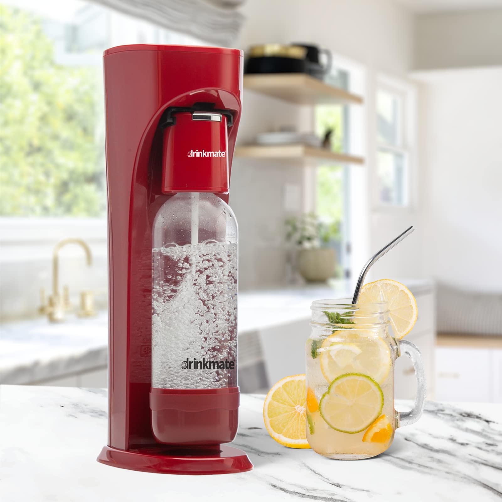 DrinkMate OmniFizz Sparkling Water and Soda Maker, Carbonates Any Drink Without Diluting It, CO2 Cylinder Not Included (Royal Red)