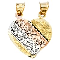Heart Pendant Solid 14k Yellow White Rose Gold Set Breakable His & Hers Charm Tri Color 17 x 19 mm