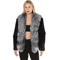 Women Real Rabbit Fur Coat with Big Genuine Silver Fox Collar Front
