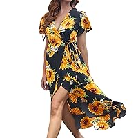 Womens Maxi Dress Summer New Summer Ladies Printed Ruffle Tie Boho Long Dress Fashion High Cut Skirt V Neck Long