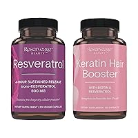 Reserveage Beauty, Resveratrol 500 mg, Antioxidant Supplement for Heart and Cellular Health 30 Caps & Keratin Hair Booster with Biotin & Resveratrol, Hair and Nail Growth Supplement 120 Caps