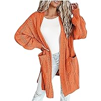 Women Open Front Cable Chunky Knit Cardigan with Pockets Split Side Oversized Lightweight Long Sleeve Sweater Coats