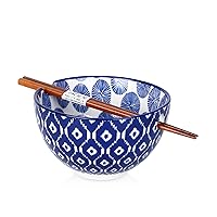 Selamica Ceramic Ramen Bowls, 15 OZ Noodle Bowls for Kitchen with Chopsticks, Deep Soup Bowls for Japanese Ramen Udon Soba, Microwave Dishwasher Safe, Gift, Vintage Blue A