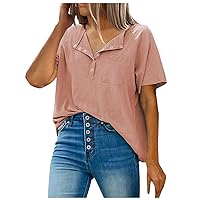 Cute Womens Tops Dressy Casual Solid Color T-Shirt Fashion Sleeve Short Women Blouse O-Neck Casual Tops Button