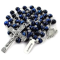 8mm Natural Blue Tiger Eyes Gemstone Beads Miraculous 5 Dacade Rosary Necklace with Anti-Silver Catholic Crucifix Pack in Leather Gift Box