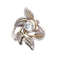 NOVICA Artisan Handmade 18k Gold Accented Blue Topaz Cocktail Ring Leafy from Bali .925 Sterling Silver Indonesia Gemstone 'Wreathed in Leaves'