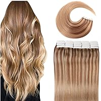 VINBAO Remy Hair Extensions Tape in Human Hair Chocolate Brown to Caramel Blonde Balayage Straight Skin Weft Remy Tape in Human Hair Extensions #10/16/16 20 Pcs 50g (18inch, 10/16/16)