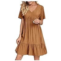 Women's Tank Dress Casual Sexy Solid Color V-Neck Loose Patchwork Short Sleeve Dress Bodycon Dresses