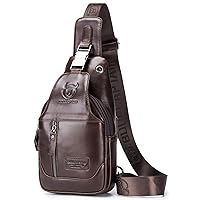 BULLCAPTAIN Genuine Leather Men's Sling Shoulder Backpack Multi-pocket Crossbody Chest Bags Travel Hiking Daypack with Earphone Hole (Brown)