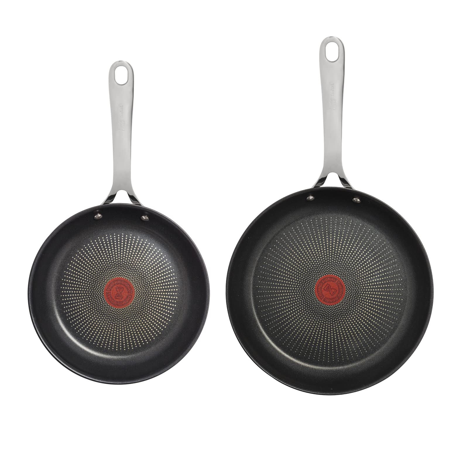Tefal Jamie Oliver Cook's Direct Stainless Steel, 2 Piece Frying Pan Set, 24 & 28cm, Non-Stick Coating, Heat Indicator, Riveted Safe-Grip Handle, Induction Hob Compatible, E304S244