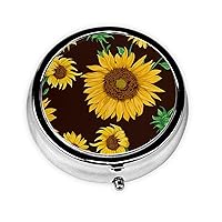 Round Pill Box Case for Purse Pocket, Beautiful Sunflower Pill Box 3 Compartment Travel Portable Metal Medicine Tablet Multifunctional Pill Case Holder for Vitamins Fish Oil Organizer Unique Gift
