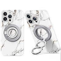 GVIEWIN Bundle - Compatible with Marble iPhone 14 Pro Max Case (White/Gold) + Magsafe Phone Grip (Silver)