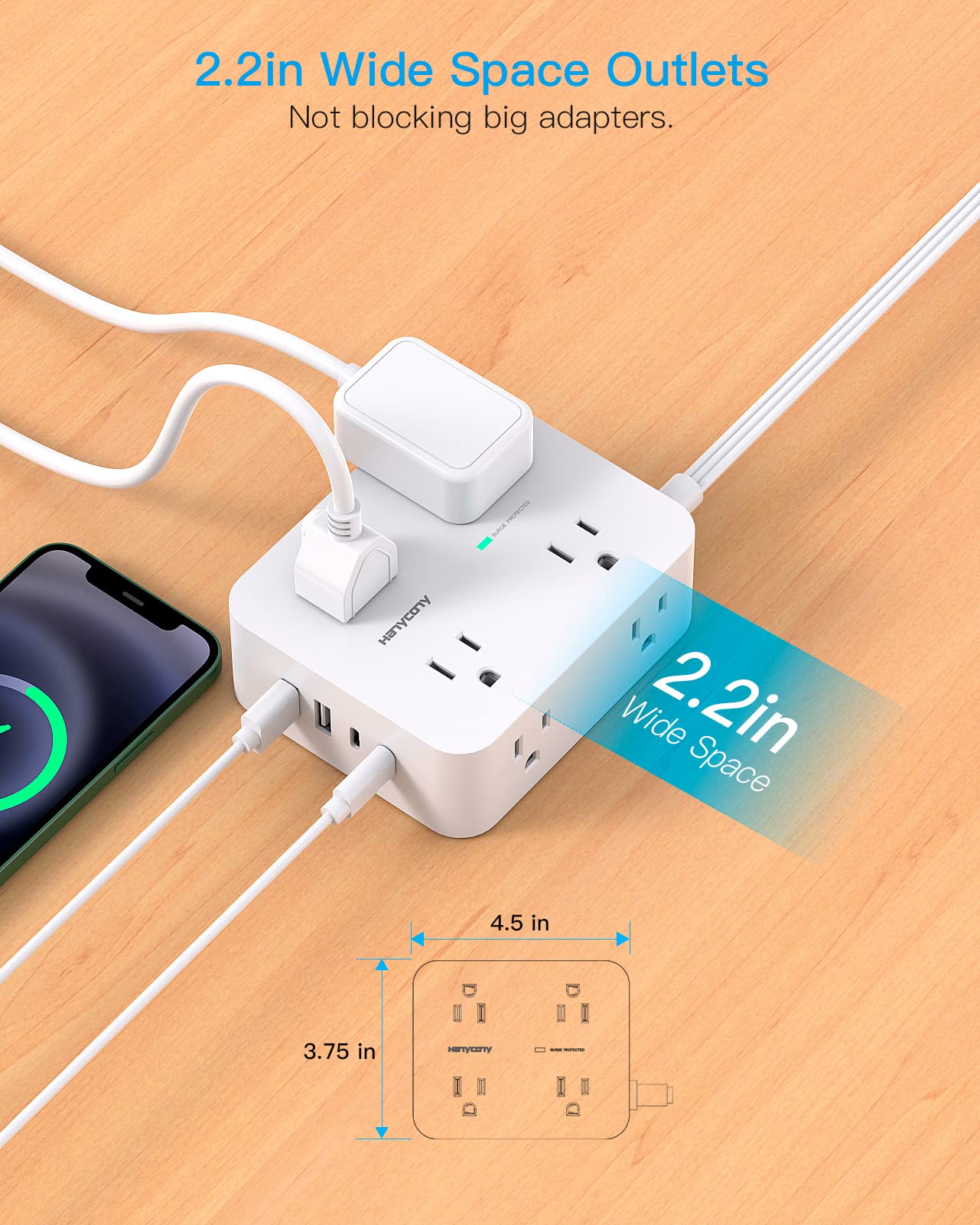 Flat Extension Cord, 5 Ft Ultra Thin Flat Plug Power Strip Surge Protector, 8 Widely Outlet Extender 4 USB Ports(2USB C),1080J Multi Plug Outlet Wall Mount for Home Office Dorm Room Travel Essentials