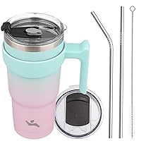 20oz Tumbler with Handle and 2 Straw 2 Lid, Insulated Water Bottle Stainless Steel Vacuum Cup Reusable Travel Mug,Gum