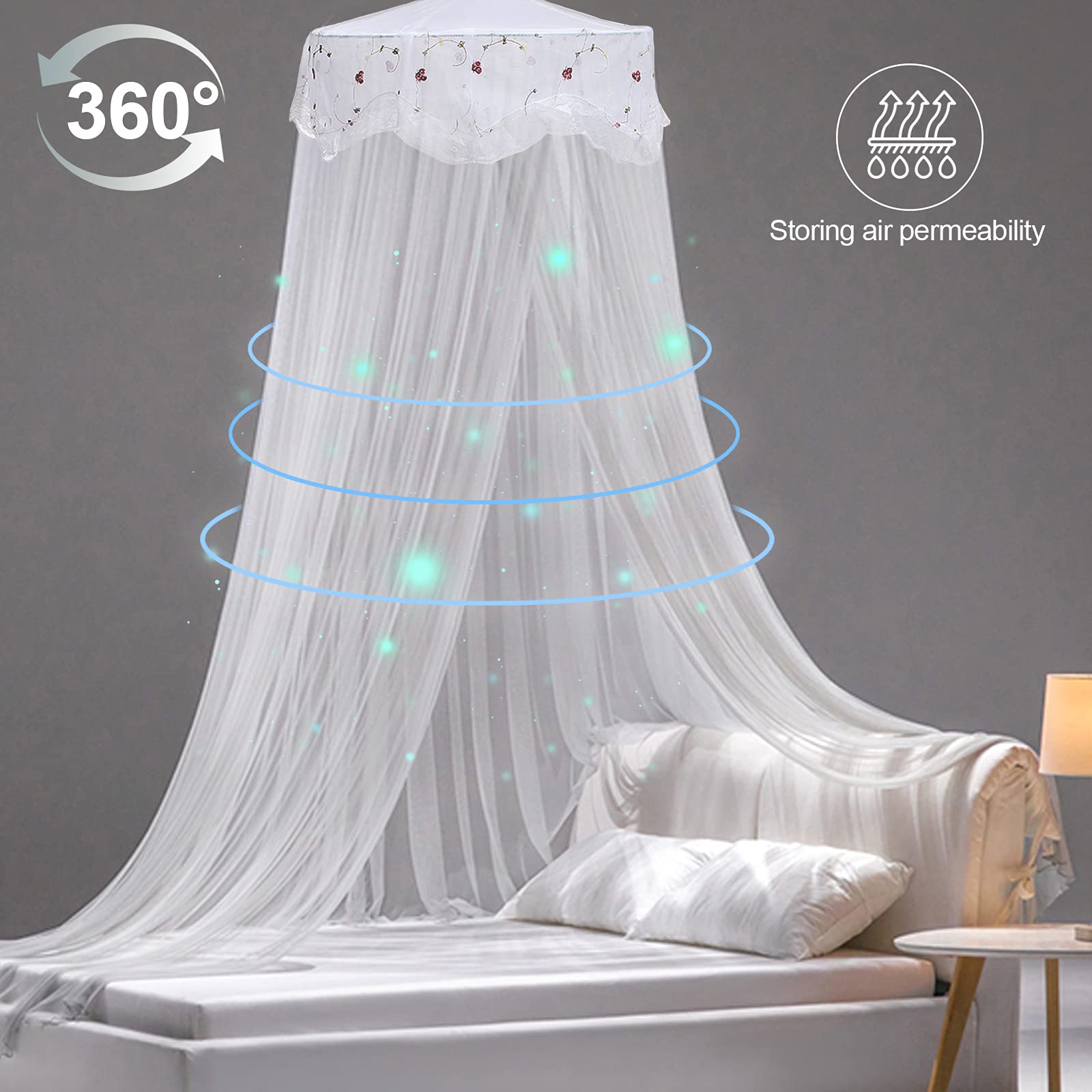 Jeteventy Bed Canopy, Princess Bed Curtain Net for Single to King Size,Bedroom Decoration of Round Lace Dome with Stainless Steel Hook,Quick Easy Installation (White)