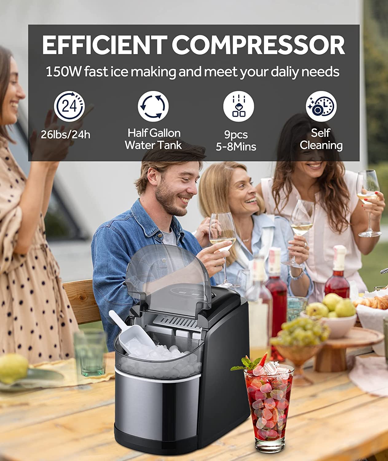 Ice Maker Countertop Machine with Self-Cleaning Function 26lbs in 24 Hours, 9 Bullet Cubes Ready in 6 Mins, Compact Ice Cube Maker with Ice Scoop & Ba