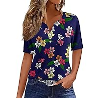 Summer Clothes,2024 Trendy Summer V Neck Short Sleeve T Shirts Women's T Shirt Tee Print Button Short Sleeve Casual Tops