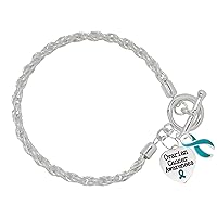 Ovarian Cancer Awareness Teal Ribbon and Heart Charm Rope Bracelet - Teal Ribbon Bracelets for Ovarian Cancer Awareness