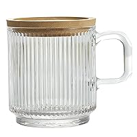 Lysenn Clear Glass Coffee Mug with Lid - Premium Classical Vertical Stripes Glass Tea Cup - for |Latte|Tea|Chocolate|Juice|Water| - Unleaded - Bamboo Lid - 12.5 Ounces