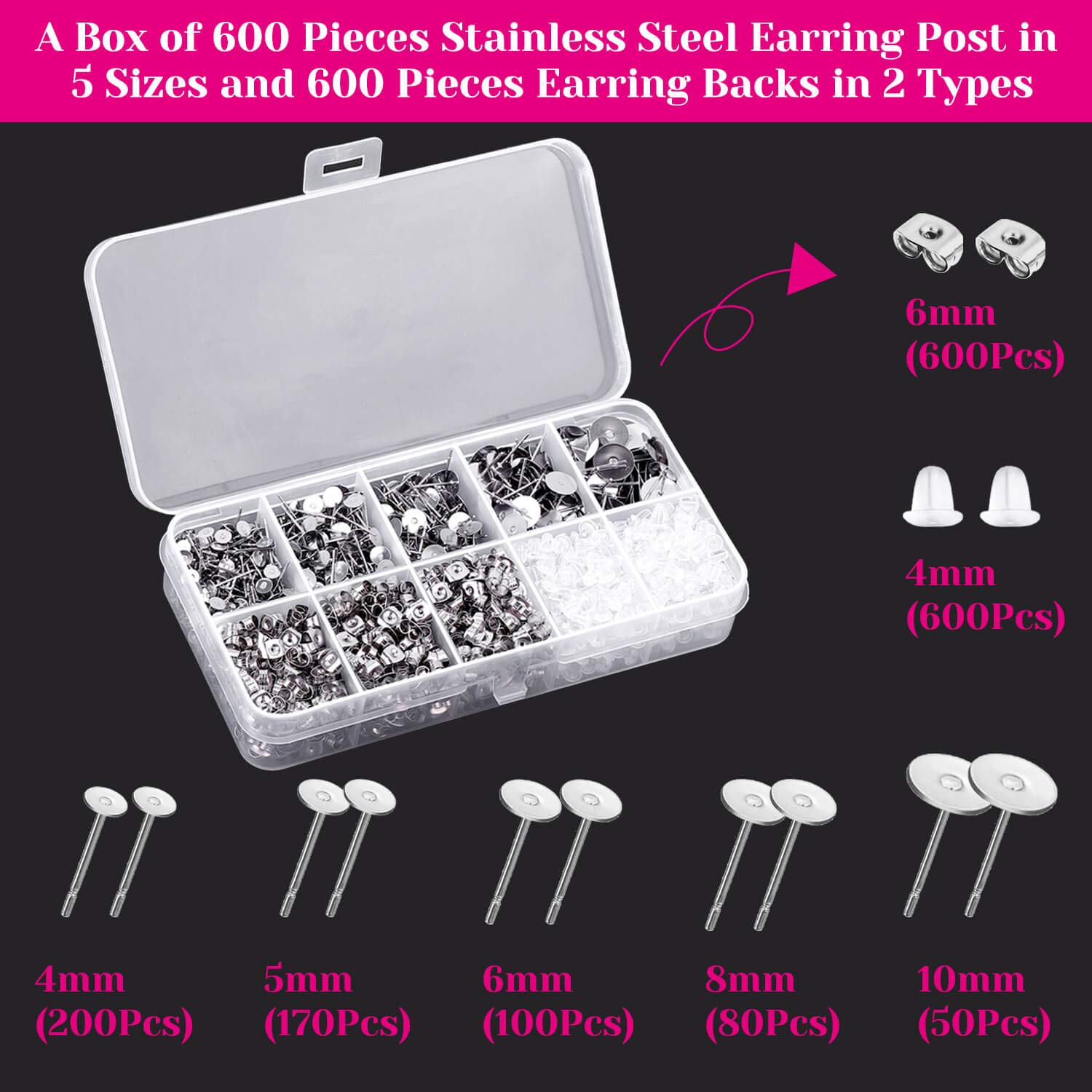Earring Posts and Backs, Shynek 1800pcs Earring Making Supplies with Stainless Steel Earring Posts and Earring Backs for Studs, Earring Making Kit for DIY Earrings and Jewelry Making