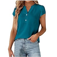 Summer Shirts for Women Petal Sleeve Dressy Tops V Neck Dressy Blouses Henley Tshirts Cute Casual Tees Comfy Tunics