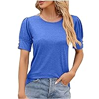 Womens Summer Shirt V Neck Casual Tshirts Puff Sleeve Tops for Women Solid Color Lightweight Work Blouses