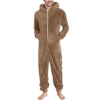 Mens Winter Warm Fleece One Piece Hooded Footed Zipper Pajamas Set, Big and Tall Plus Size Cozy Soft Adult Onesie Footie