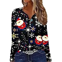 Christmas Tee Shirts for Women Long Sleeve Printed Holiday Shirts Button Down V Neck Henley Tees Blouses