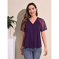 Women's T-Shirt -Neck Lace Raglan Sleeve Top T-Shirt for Women (Color : Purple, Size : Medium)