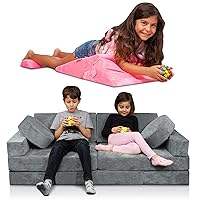 Lunix LX15 14pcs Modular Kids Play Couch for Boys and Girls - Gray + LX12 3pcs Floor Pillow for Kids, Lounge Chair Reading Pillow - Pink
