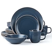 RINGAR Round Stoneware 16pc Dinnerware Set of 4, Dinner Plates, Side Plates, Cereal Bowls, Mugs - Speckle Matte Blue (428051)