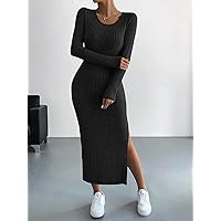 Womens Fall Fashion 2022 Solid Split Thigh Bodycon Dress (Color : Black, Size : Large)