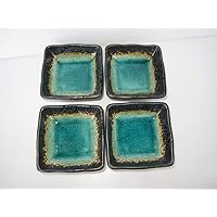 Japanese Ceramic 2.8 Inches Square 1.69 fl. oz. Soy Sauce Dish Blue Green Dipping Bowls, Mino Ware, Set of 4 Made in Japan